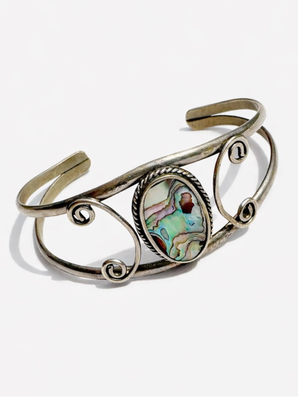 Vintage Mexico Alpaca Cuff Bracelet Abalone
